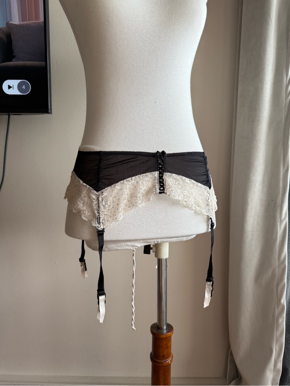 Black and Ivory Lace Garter Belt - Women's Intimates